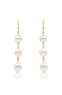 AAA 9-12mm South Sea White Baroque Pearl Triple Drop Earrings