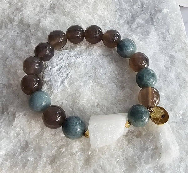 12mm Natural Gray & Green Agate Stone Bracelet with Rough Clear Quartz Stone