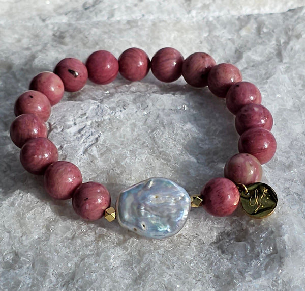 10mm Natural Rhodochrosite Stone Bracelet With Baroque Coin Pearl