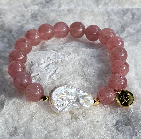 10mm Natural Smooth Strawberry Quartz Stone Bracelet With Baroque Coin Pearl