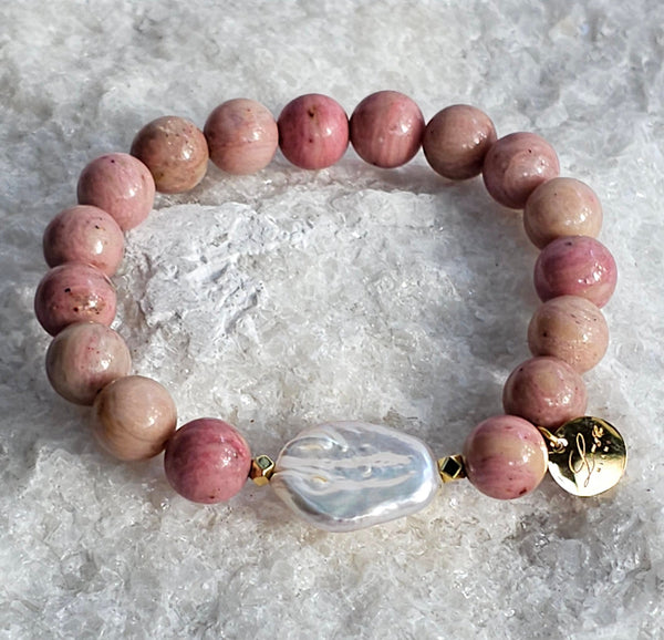 10mm Natural Red Wood Marble (Jasper) Stone Bracelet With Baroque Coin Pearl