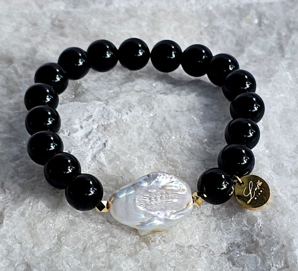 10mm Natural Black Obsidian Bracelet With Baroque Coin Pearl