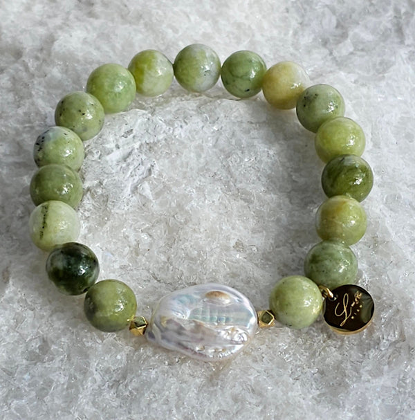 10mm Natural Taiwan Green Jade Stone Bracelet With Baroque Coin Pearl