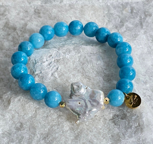 10mm Natural Blue Jasper Bracelet With Baroque Coin Pearl