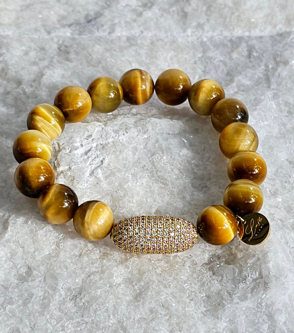 12mm Natural Gold Tiger Eye Stone Bracelet with Rhinestone Bar
