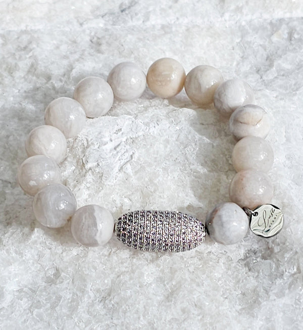 12mm Natural Gray Agate Stone Bracelet with Rhinestone Bar