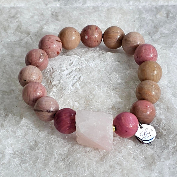 12mm Natural Red Wood Marble (Jasper) Stone Bracelet with Rough Crystal Quartz Stone