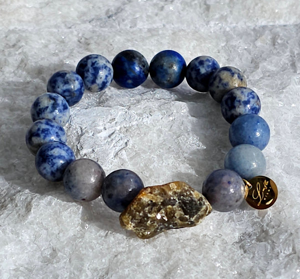 12mm Natural Lapis Lazuli Beads Bracelet with Rough Labradorite Stone