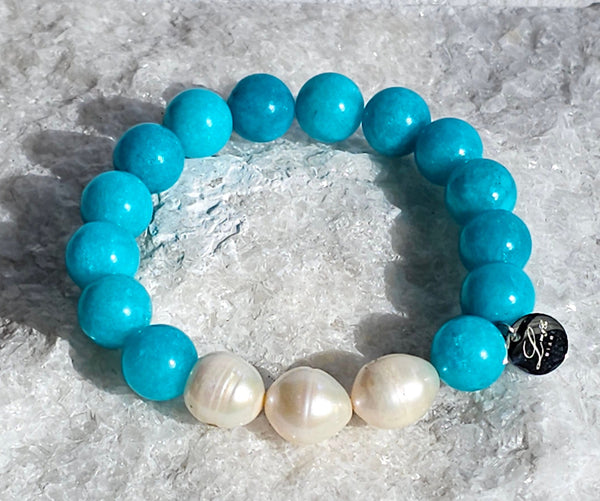 12mm Natural Blue Jade Jasper Bracelet with Bewa Freshwater Pearls