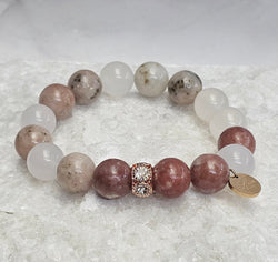 12mm Natural Smooth White Agate & Amethyst Stone Bracelet