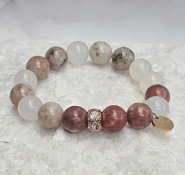 12mm Natural Smooth White Agate & Amethyst Stone Bracelet