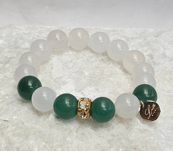 12mm Natural Smooth White Agate & Jade Stone Bracelet