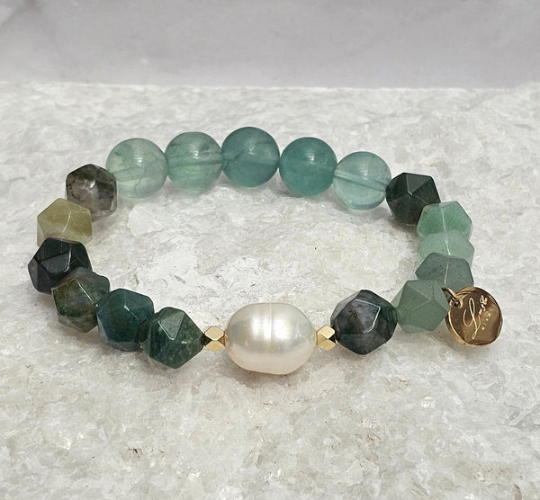 10mm Natural Faceted Labradorite & Round Fluorite Bracelet with Bewa Freshwater Pearl