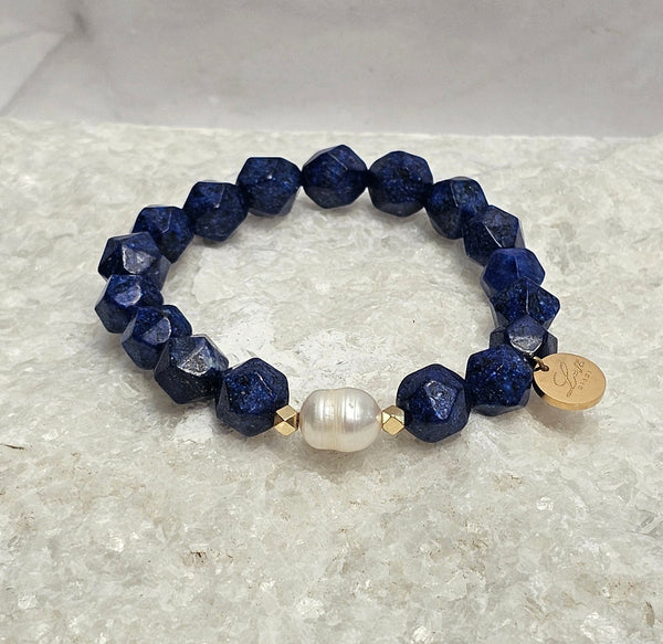 10mm Natural Faceted Lapis Lazuli Bracelet with Bewa Freshwater Pearl