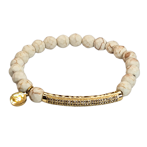7mm Faceted Creamy Howlite Beads With Gold Brass Zircon Tube