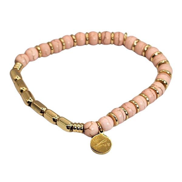 6mm Pink Howlite Beads with 8mm Gold Tube Bracelet