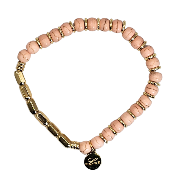 6mm Pink Howlite Beads with 8mm Gold Tube Bracelet