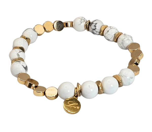 8mm White Howlite With Gold Plated Brass Spacer Bracelet
