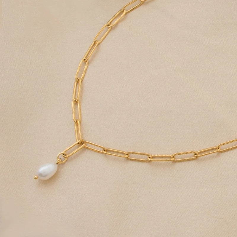 18k Gold Filled Paperclip Chain Choker Freshwater Pearl Necklace