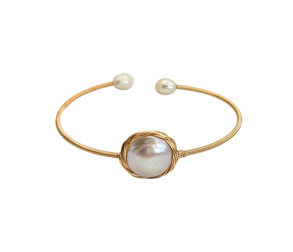 18K Gold-Filled Real Freshwater Pearl Open Bangle