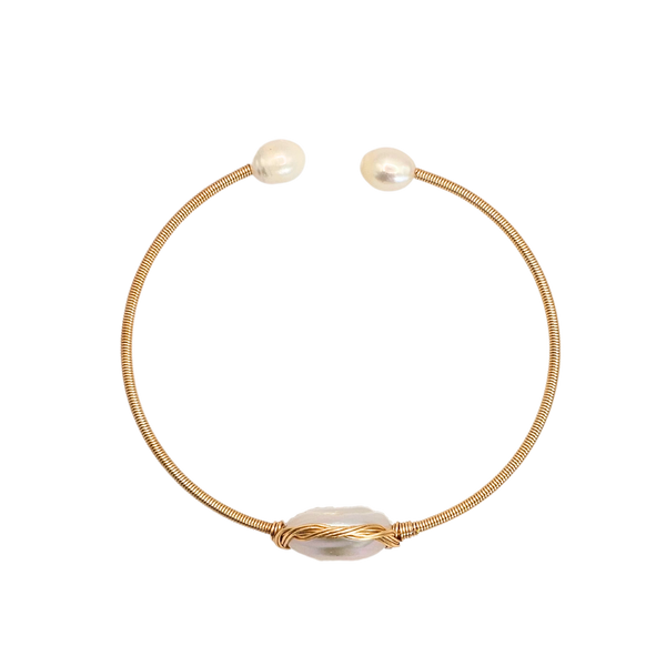 18K Gold-Filled Real Freshwater Pearl Open Bangle