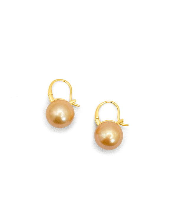 AAAA 11-12mm South China Sea Gold Round Pearl Earrings