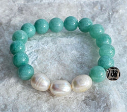 12mm Natural Green Jade Jasper Bracelet with Bewa Freshwater Pearls