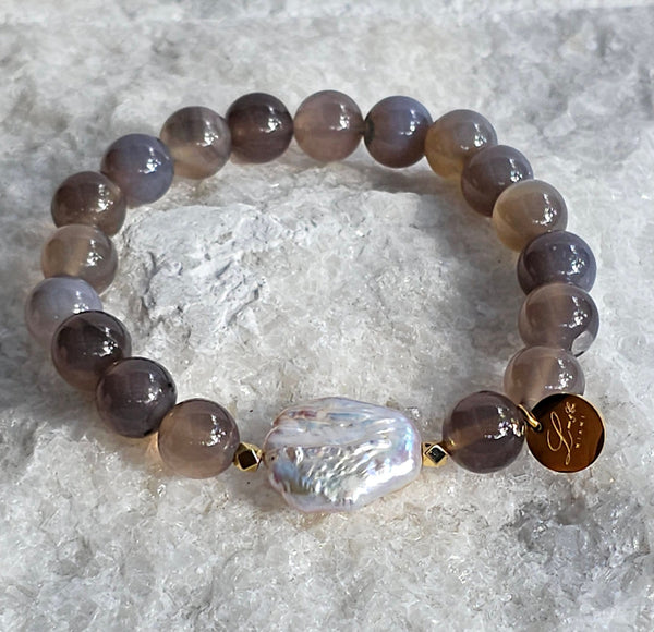 10mm Natural Gray Agate Stone Bracelet With Baroque Coin Pearl