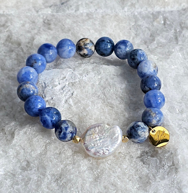 10mm Natural Blue Soladite Bracelet With Baroque Coin Pearl