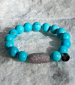 12mm Natural Turquoise Stone Bracelet with Rhinestone Bar