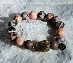 12mm Natural Pink Zebra Stone Bracelet with Rough Labradorite Stone