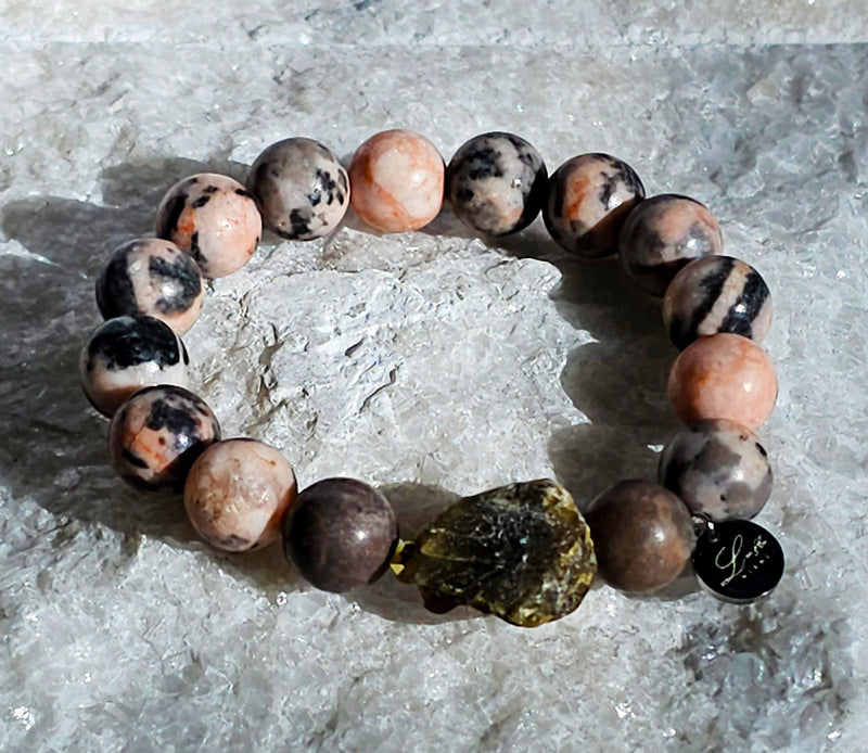 12mm Natural Pink Zebra Stone Bracelet with Rough Labradorite Stone