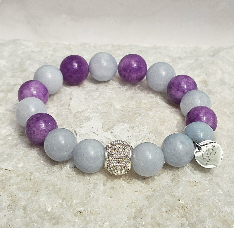 12mm Natural Sea Blue & Purple Jade Jasper Bracelet with Mesh Spacer