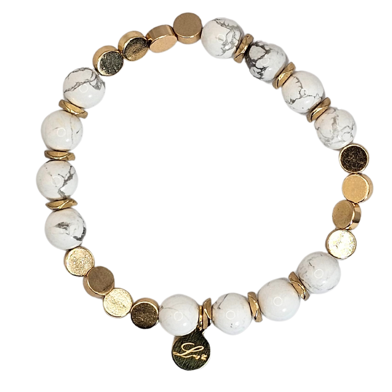 8mm White Howlite With Gold Plated Brass Spacer Bracelet