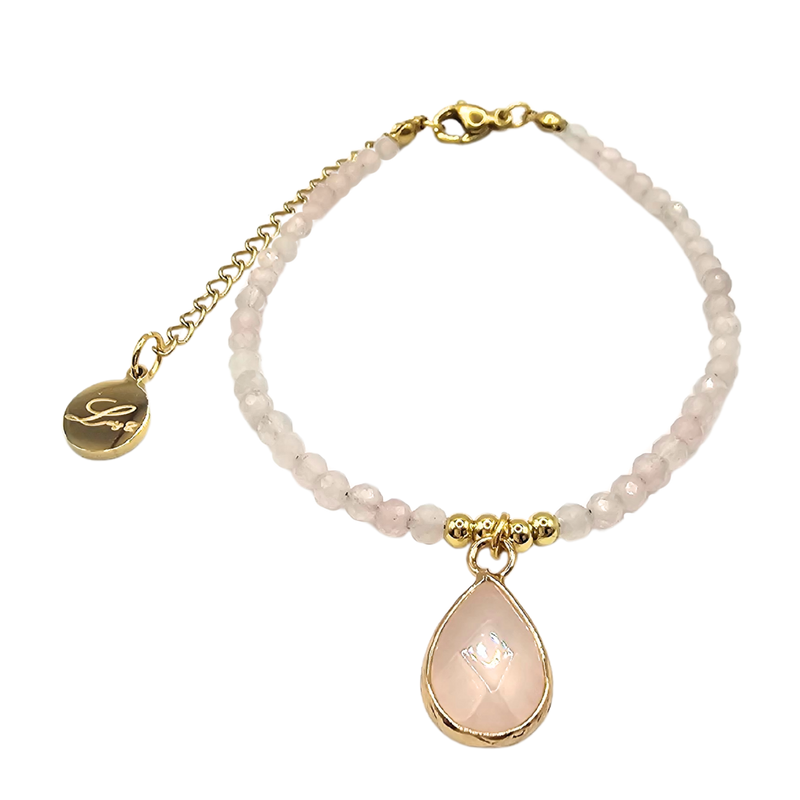 Dainty 3mm Gemstones With Teardrop Charm Rose Quartz Bracelet