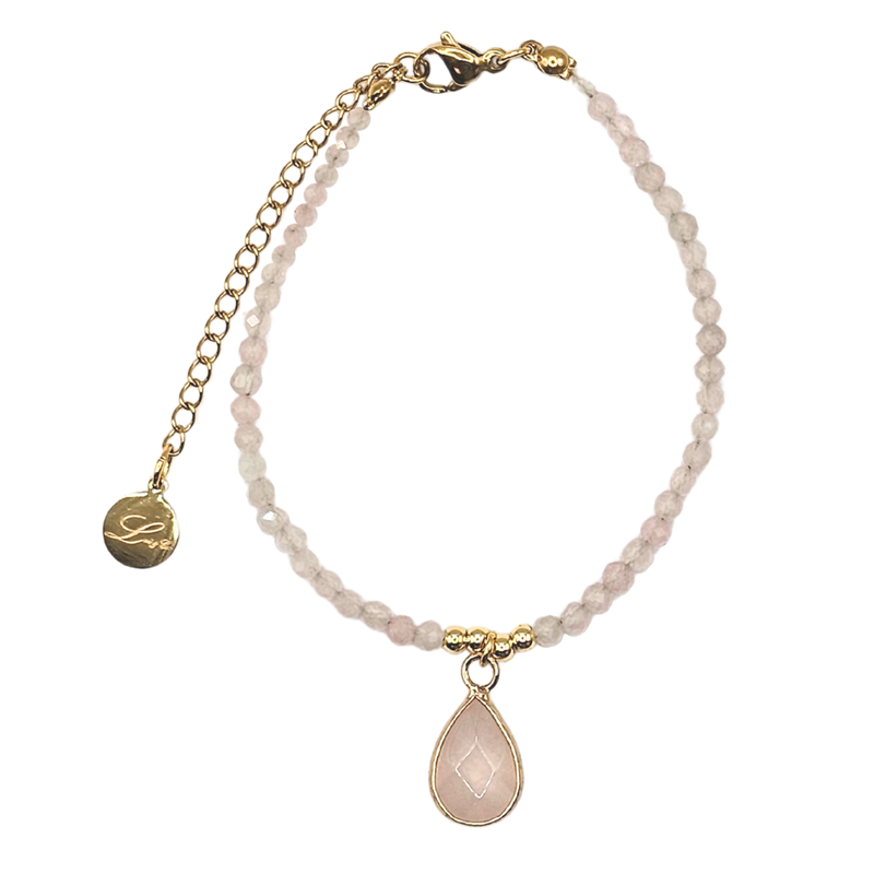 Dainty 3mm Gemstones With Teardrop Charm Rose Quartz Bracelet