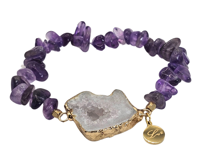 Natural Irregular Mother of Pearl Chips with Druzy Geode Agate Slice Charm Bracelet - Small