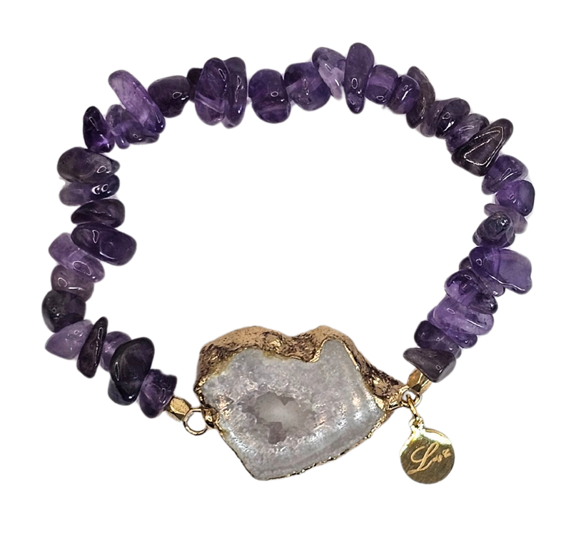 Natural Irregular Mother of Pearl Chips with Druzy Geode Agate Slice Charm Bracelet - Small