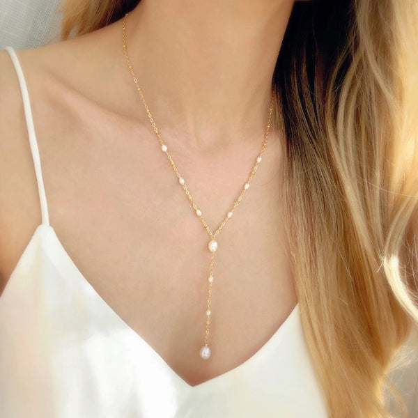 Dainty 14k Gold Filled Y Chain Baroque Freshwater Pearl Necklace