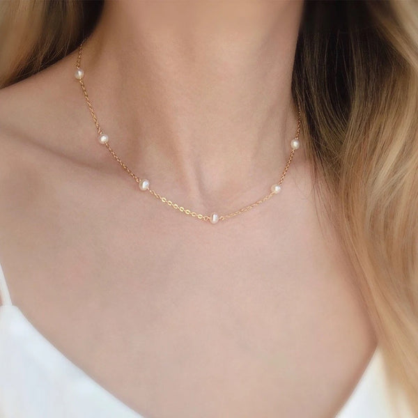 Dainty 14k Gold Filled Layering Chain Choker Freshwater Pearl Necklace