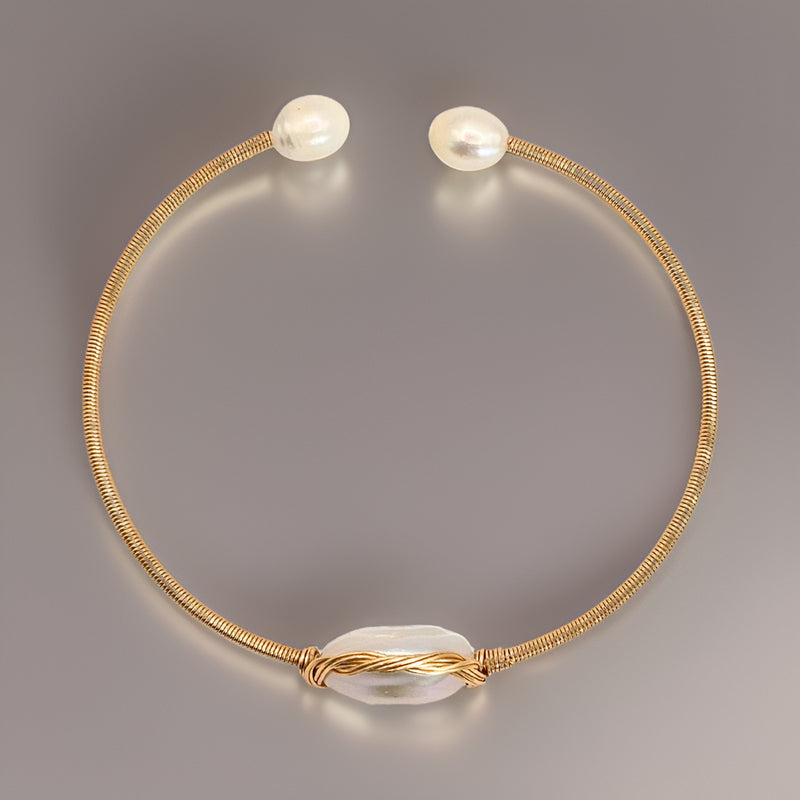 18K Gold-Filled Real Freshwater Pearl Open Bangle